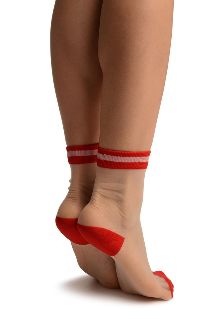 Liss Kiss White Invisible Socks With Red Striped Top Ankle High Socks - Socks