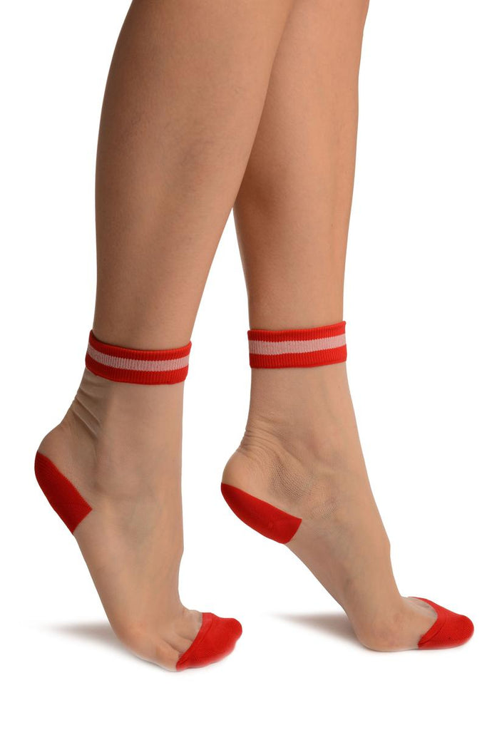 liss kiss White Invisible Socks With Red Striped Top Ankle High Socks - Socks