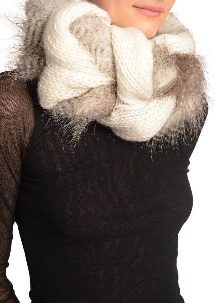 Liss Kiss White Knitted Plait Style Snood With Faux Fur - Snood