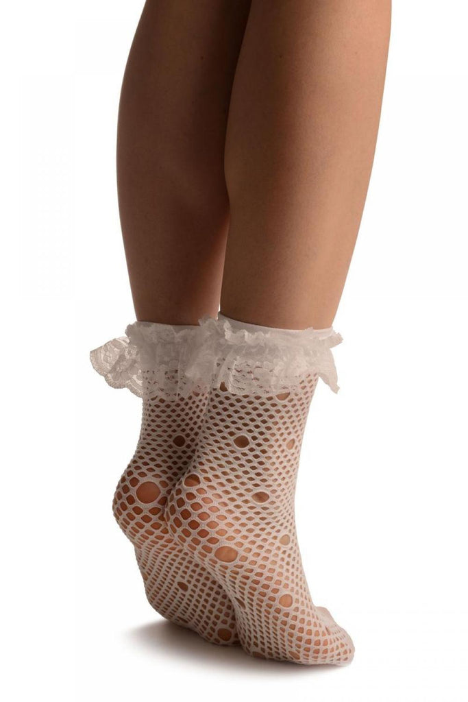Liss Kiss White Large Fishnet With Keyholes Socks Ankle High - Socks