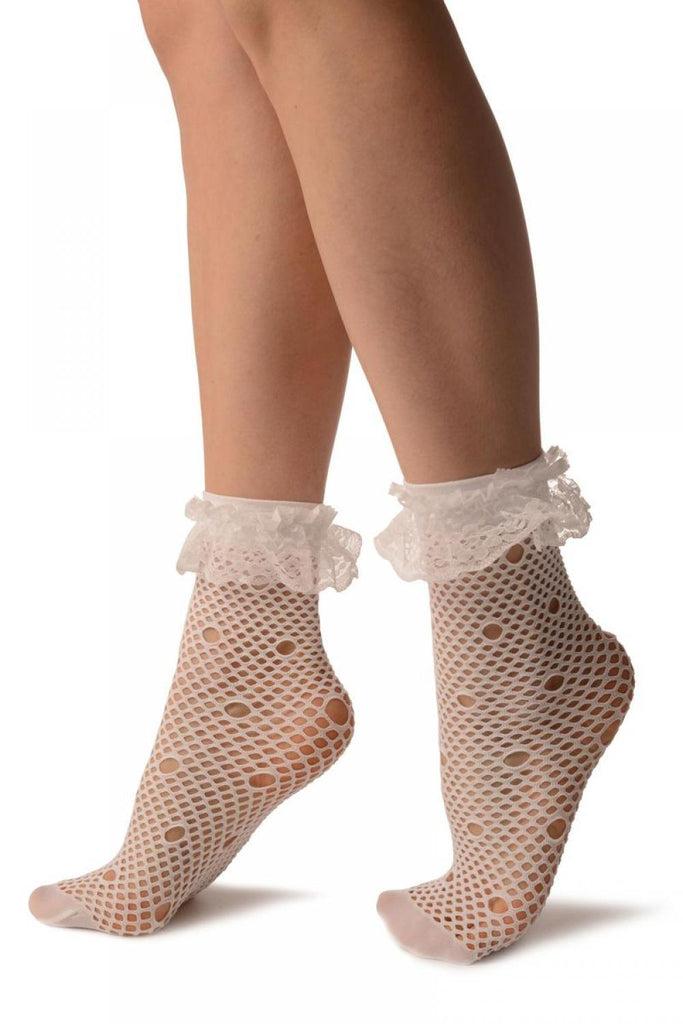 Liss Kiss White Large Fishnet With Keyholes Socks Ankle High - Socks