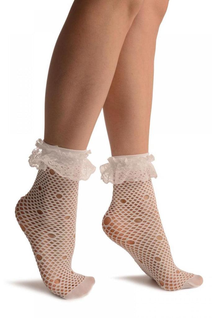 liss kiss White Large Fishnet With Keyholes Socks Ankle High - Socks