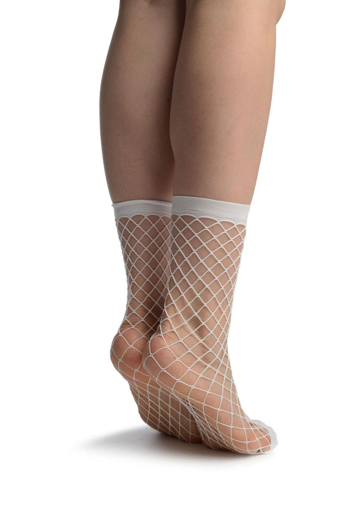 Liss Kiss White Large Fishnet With Reinforced Toe Ankle High Socks - Socks