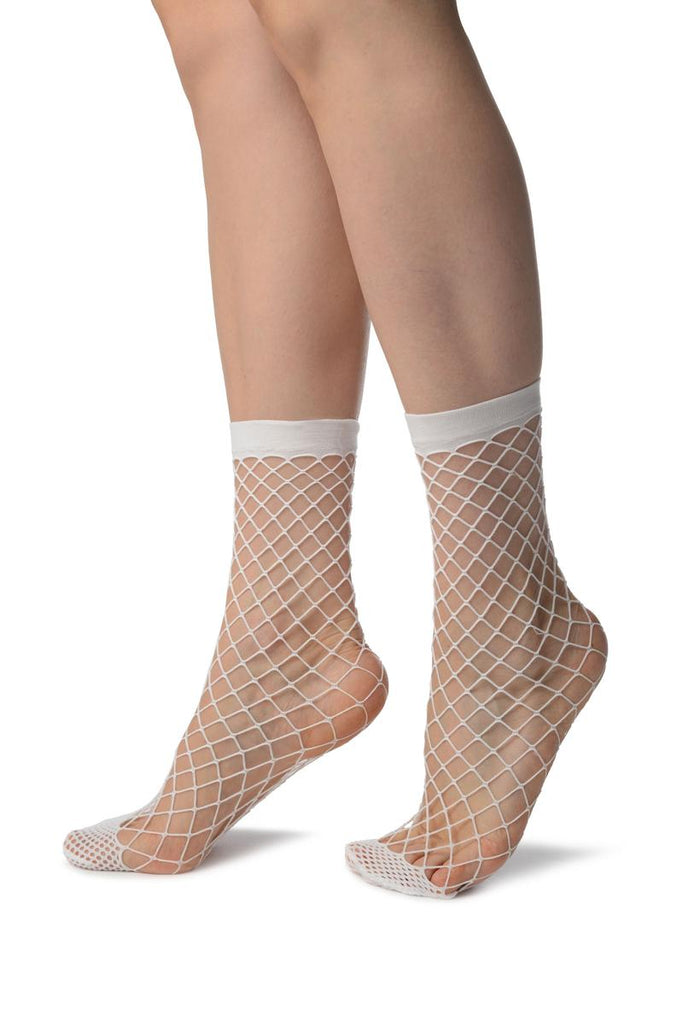 Liss Kiss White Large Fishnet With Reinforced Toe Ankle High Socks - Socks