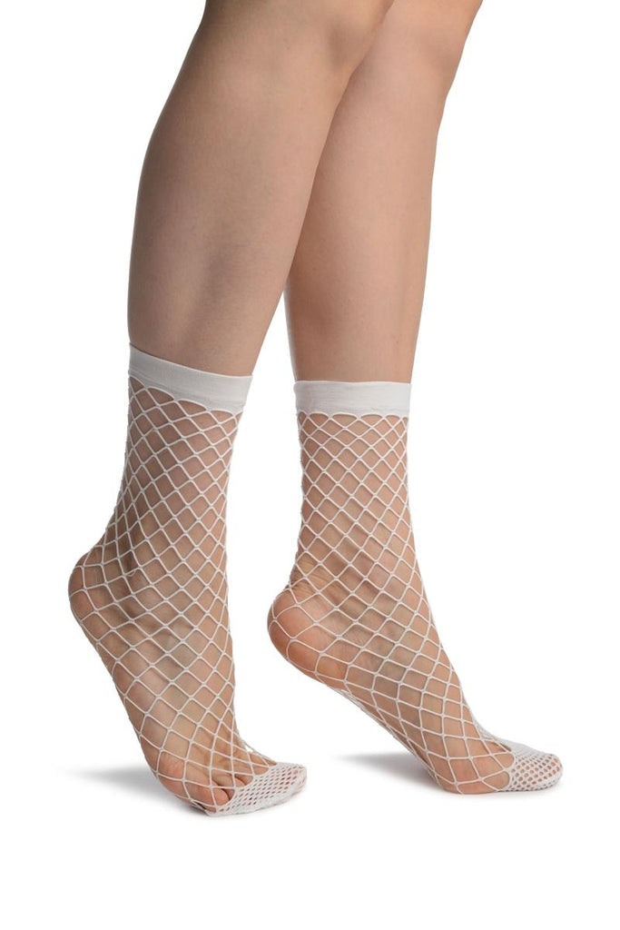 liss kiss White Large Fishnet With Reinforced Toe Ankle High Socks - Socks