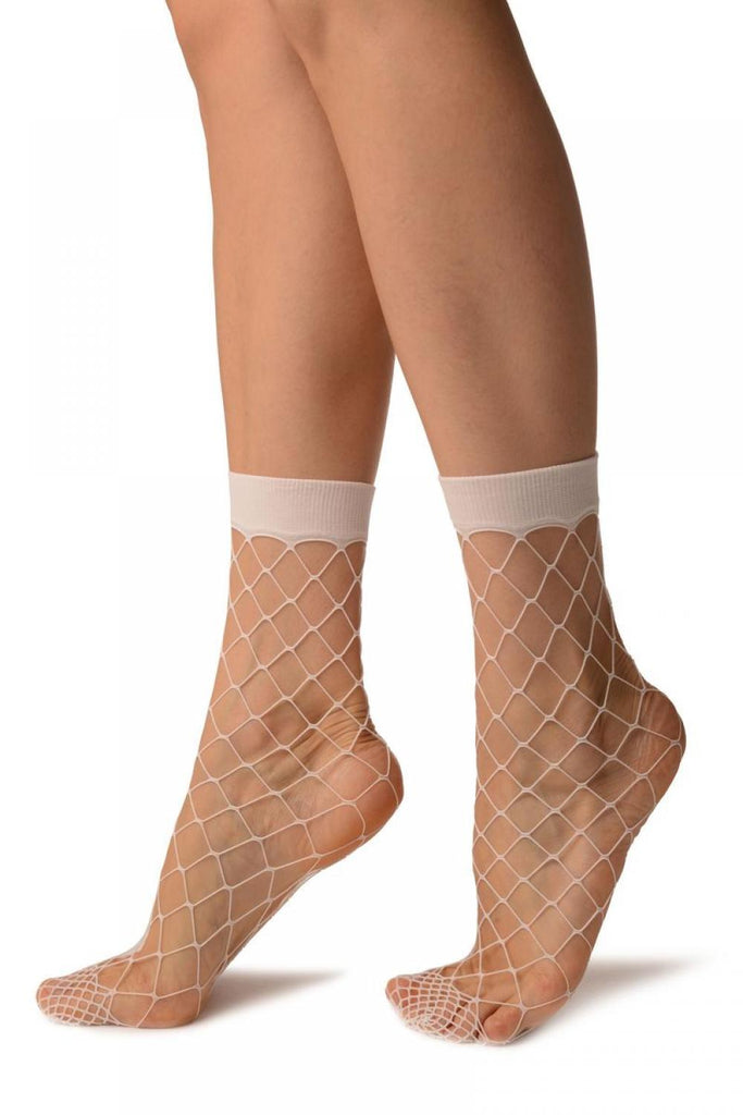 Liss Kiss White Large Fishnet With Wide Top & Reinforced Toe Ankle High Socks - Socks