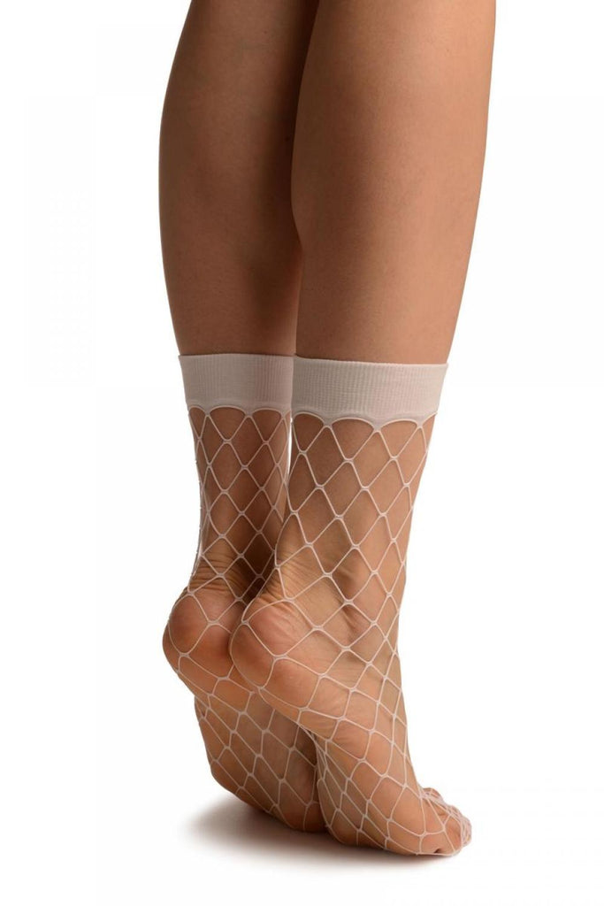 Liss Kiss White Large Fishnet With Wide Top & Reinforced Toe Ankle High Socks - Socks