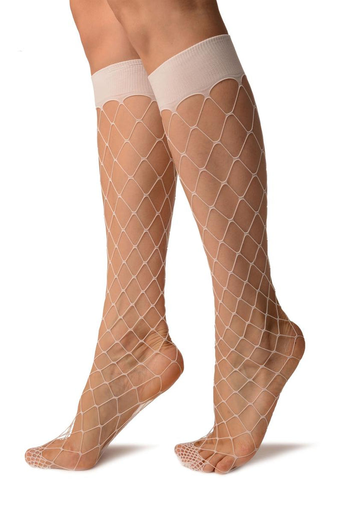 Liss Kiss White Large Fishnet With Wide Top & Reinforced Toe Knee High Socks - Socks