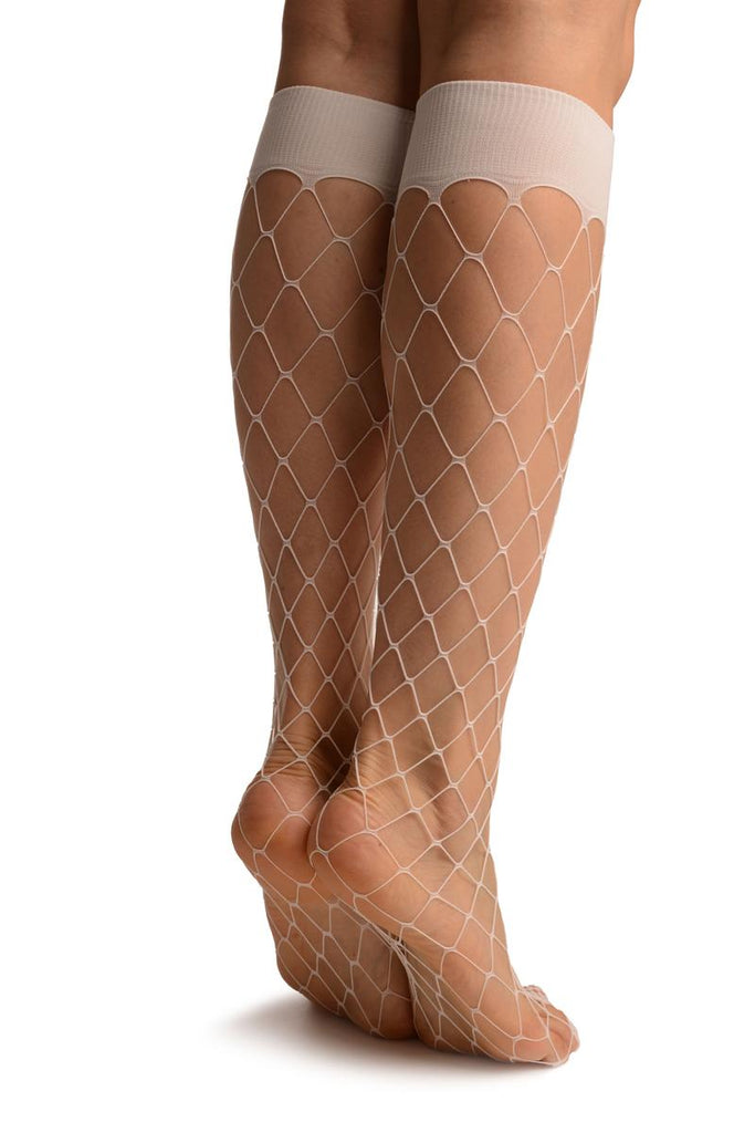 Liss Kiss White Large Fishnet With Wide Top & Reinforced Toe Knee High Socks - Socks