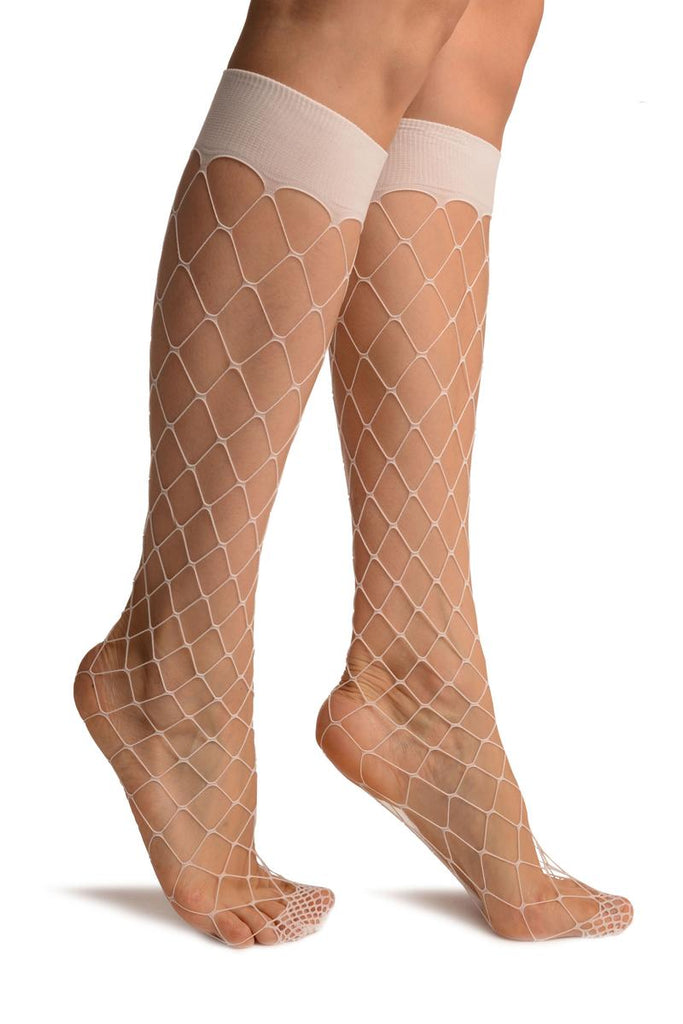 liss kiss White Large Fishnet With Wide Top & Reinforced Toe Knee High Socks - Socks