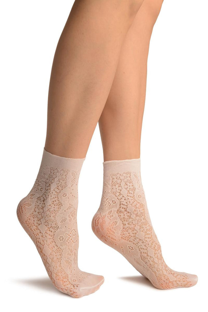 Liss Kiss White Large Roses Lace Socks Ankle High - Socks