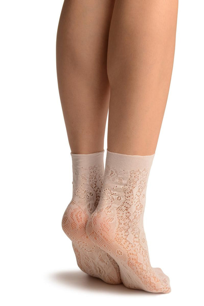 Liss Kiss White Large Roses Lace Socks Ankle High - Socks