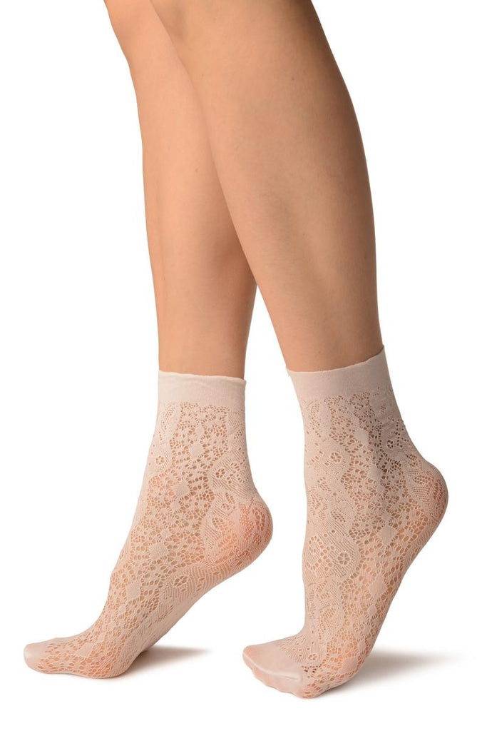 Liss Kiss White Large Roses Lace Socks Ankle High - Socks