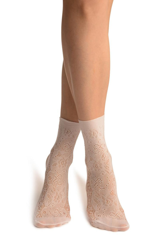 liss kiss White Large Roses Lace Socks Ankle High - Socks