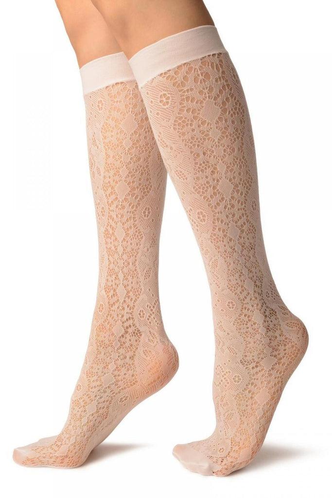 Liss Kiss White Large Roses Lace Socks Knee High - Socks