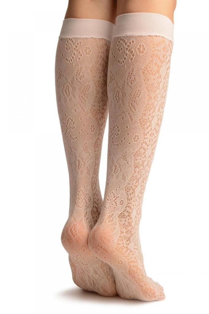 Liss Kiss White Large Roses Lace Socks Knee High - Socks