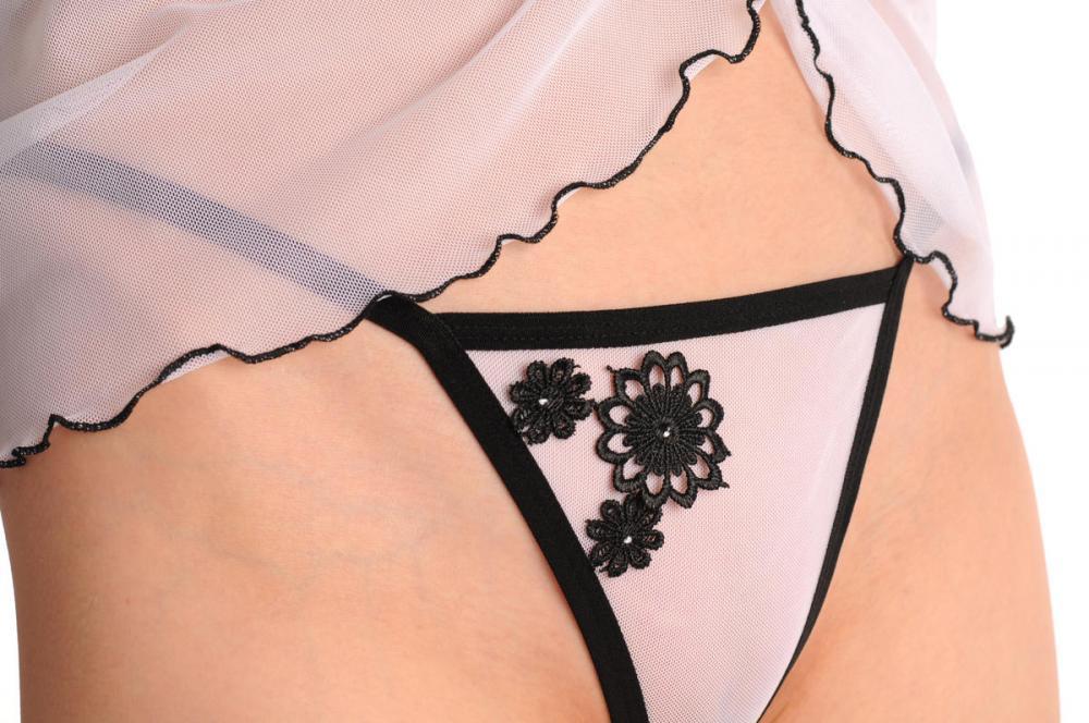 Liss Kiss White Layered Sheer Babydoll With Black Flowers & Matching Brief Set - Babydoll