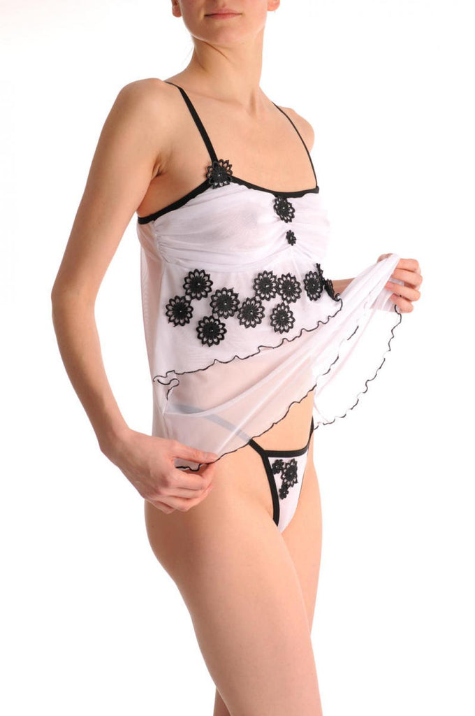 liss kiss White Layered Sheer Babydoll With Black Flowers & Matching Brief Set - Babydoll