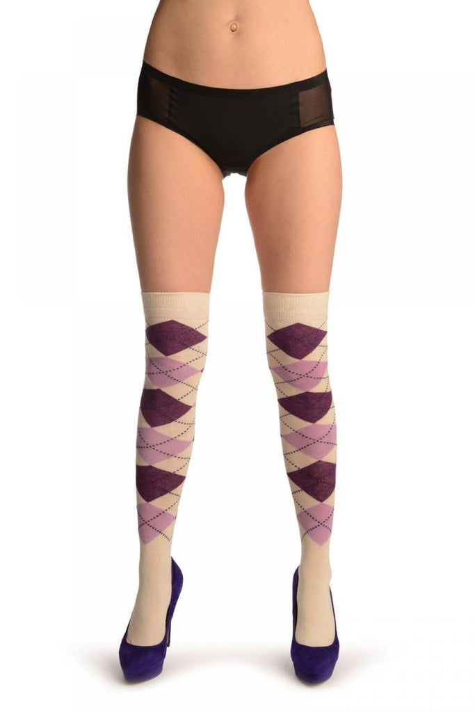 Liss Kiss White Lilac & Purple Argyle - Over The Knee Socks