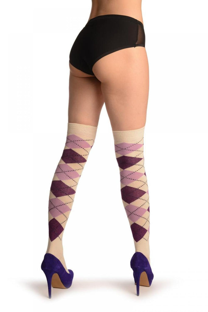 Liss Kiss White Lilac & Purple Argyle - Over The Knee Socks