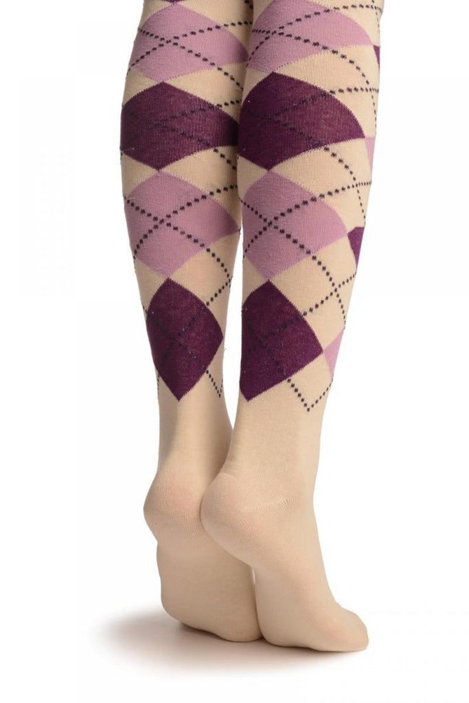 Liss Kiss White Lilac & Purple Argyle - Over The Knee Socks