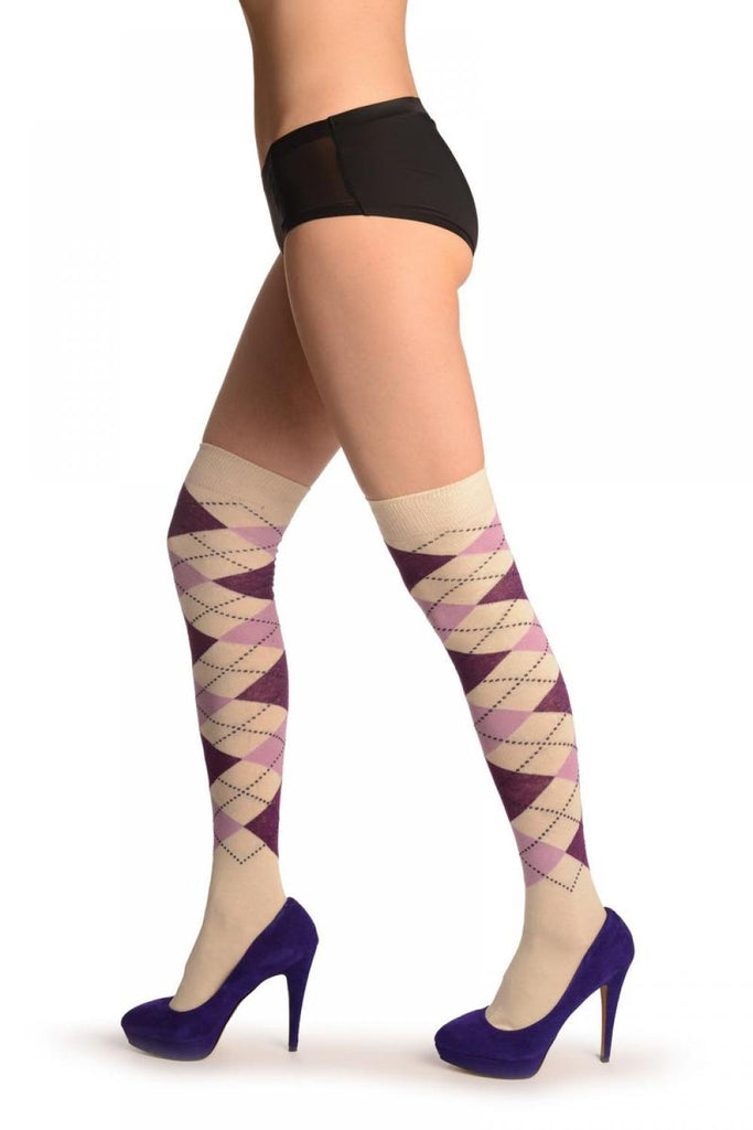 liss kiss White Lilac & Purple Argyle - Over The Knee Socks