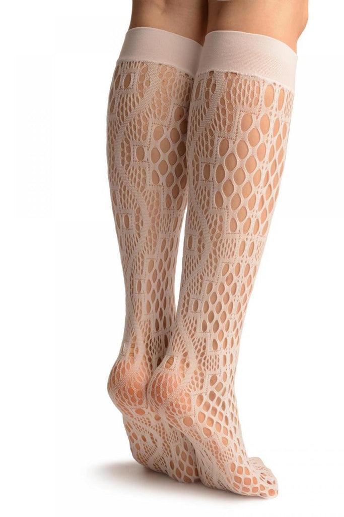 Liss Kiss White Medium Wavy Mesh Lace Socks Knee High - Socks