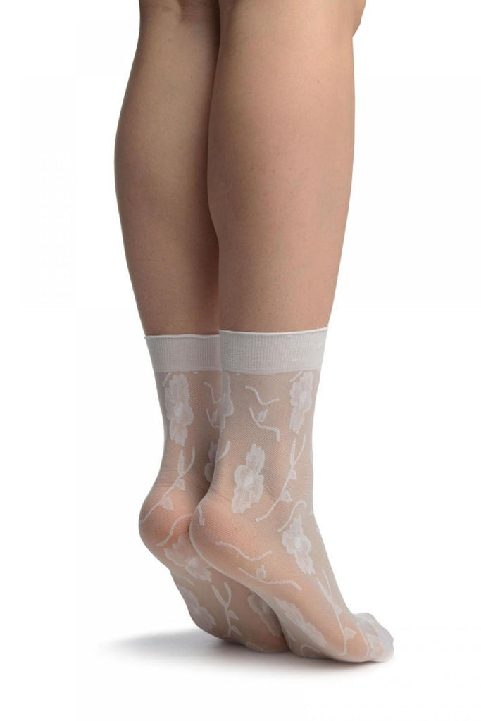 Liss Kiss White Mesh With Large Flowers Ankle High Socks - Socks