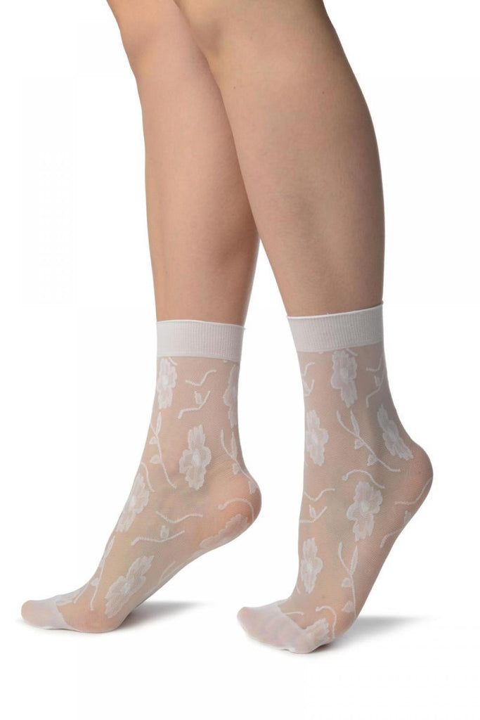 Liss Kiss White Mesh With Large Flowers Ankle High Socks - Socks