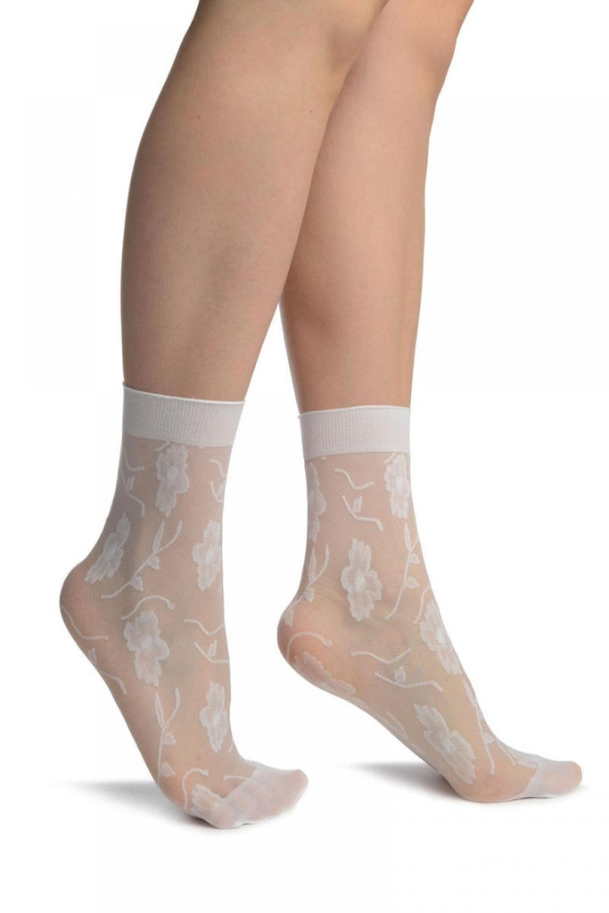 liss kiss White Mesh With Large Flowers Ankle High Socks - Socks