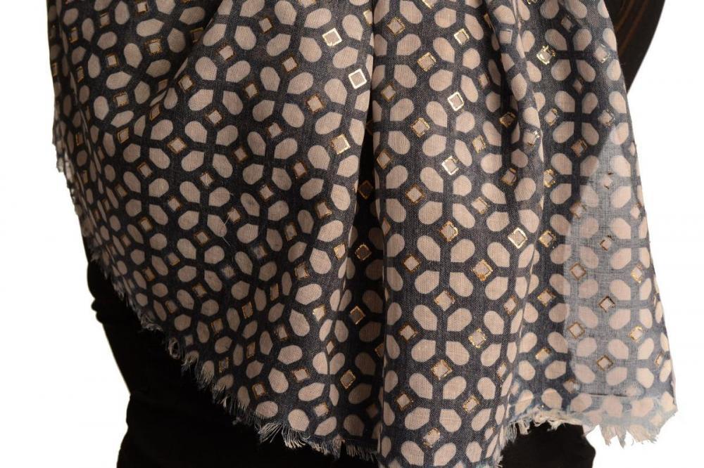 Liss Kiss White Moroccan Diamond Grid With Gold Trim On Blue Scarf - Scarf