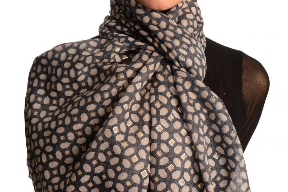 Liss Kiss White Moroccan Diamond Grid With Gold Trim On Blue Scarf - Scarf