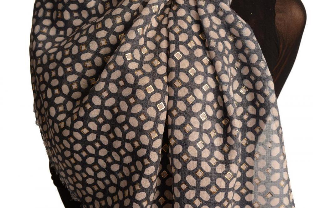 Liss Kiss White Moroccan Diamond Grid With Gold Trim On Blue Scarf - Scarf