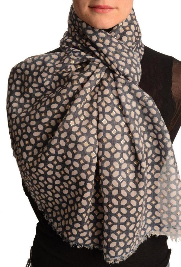liss kiss White Moroccan Diamond Grid With Gold Trim On Blue Scarf - Scarf