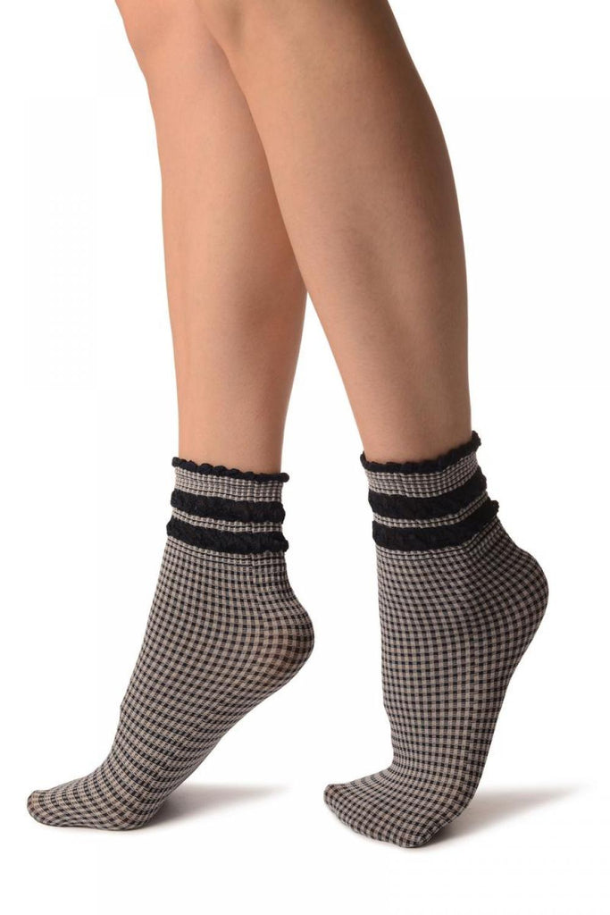 Liss Kiss White & Navy Blue Checkered And Silky Comfort Top Ankle High Socks - Socks