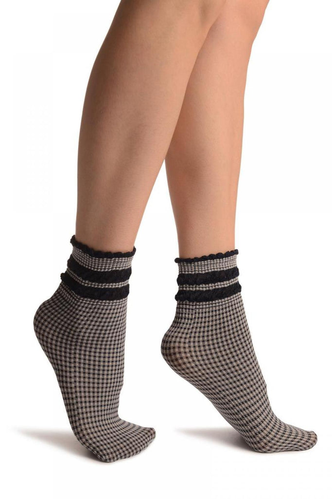 Liss Kiss White & Navy Blue Checkered And Silky Comfort Top Ankle High Socks - Socks