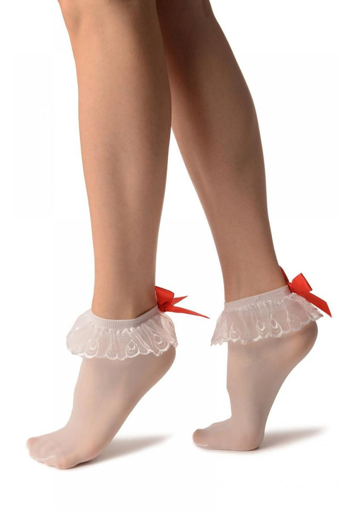 Liss Kiss White Opaque With Red Bow & Lace Ankle High Socks - Socks
