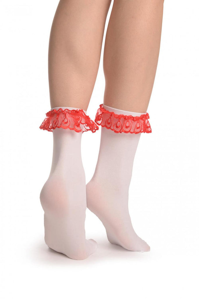 Liss Kiss White Opaque With Red Lace Ankle Hight Socks 60 Den - Socks