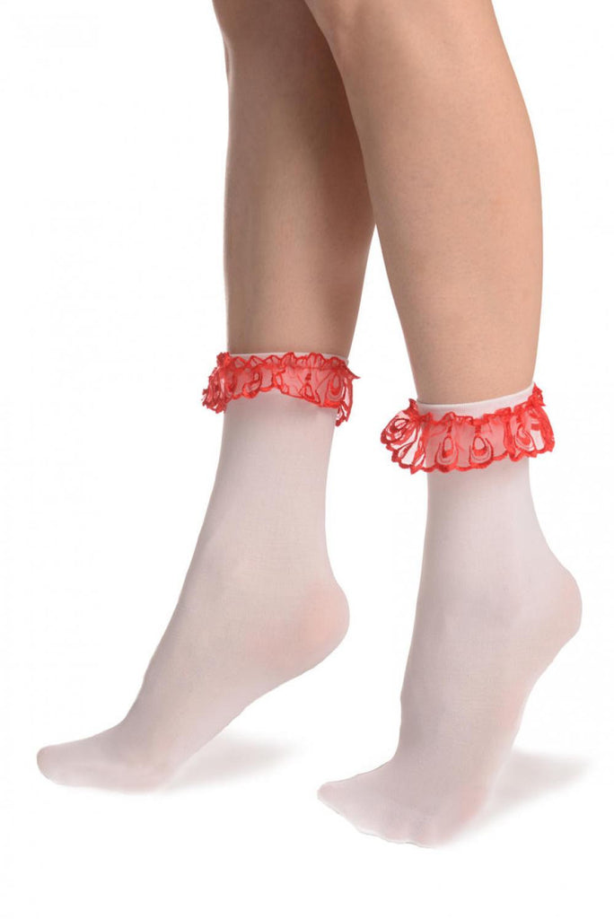 Liss Kiss White Opaque With Red Lace Ankle Hight Socks 60 Den - Socks