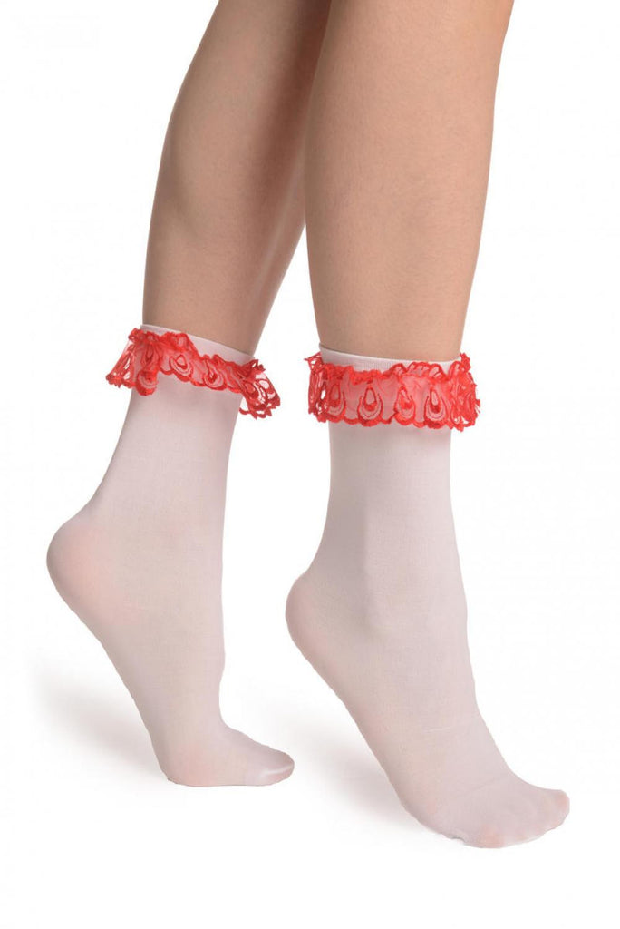 liss kiss White Opaque With Red Lace Ankle Hight Socks 60 Den - Socks liss kiss White Opaque With Red Lace Ankle Hight Socks 60 Den - Socks