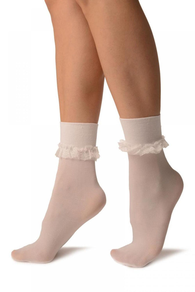 Liss Kiss White Opaque With Very Wide Top & Ruffle Ankle High Socks - Socks