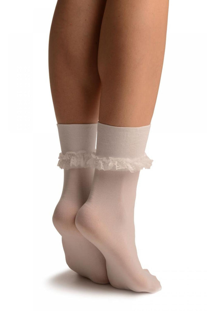 Liss Kiss White Opaque With Very Wide Top & Ruffle Ankle High Socks - Socks