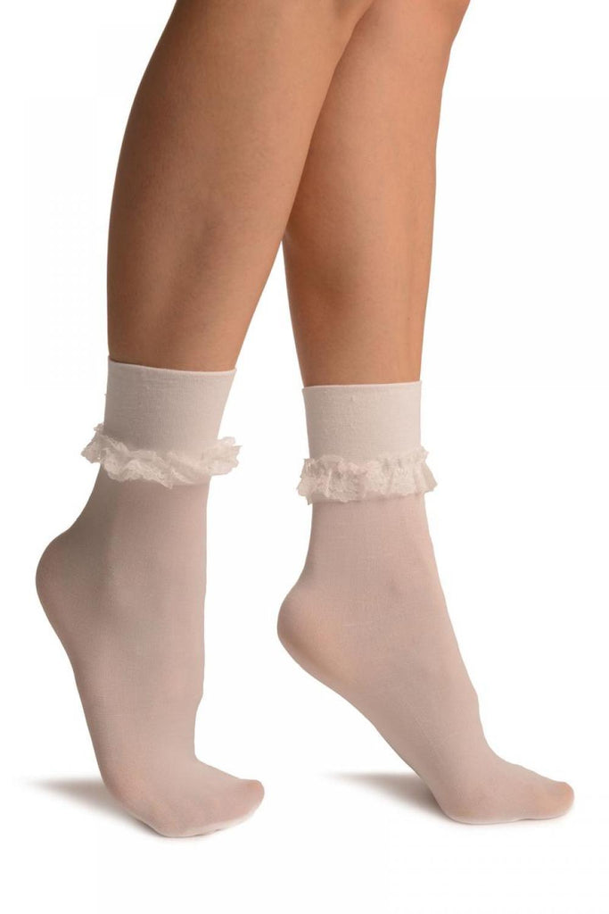 liss kiss White Opaque with Very Wide Top & Ruffle Ankle High Socks - Socks
