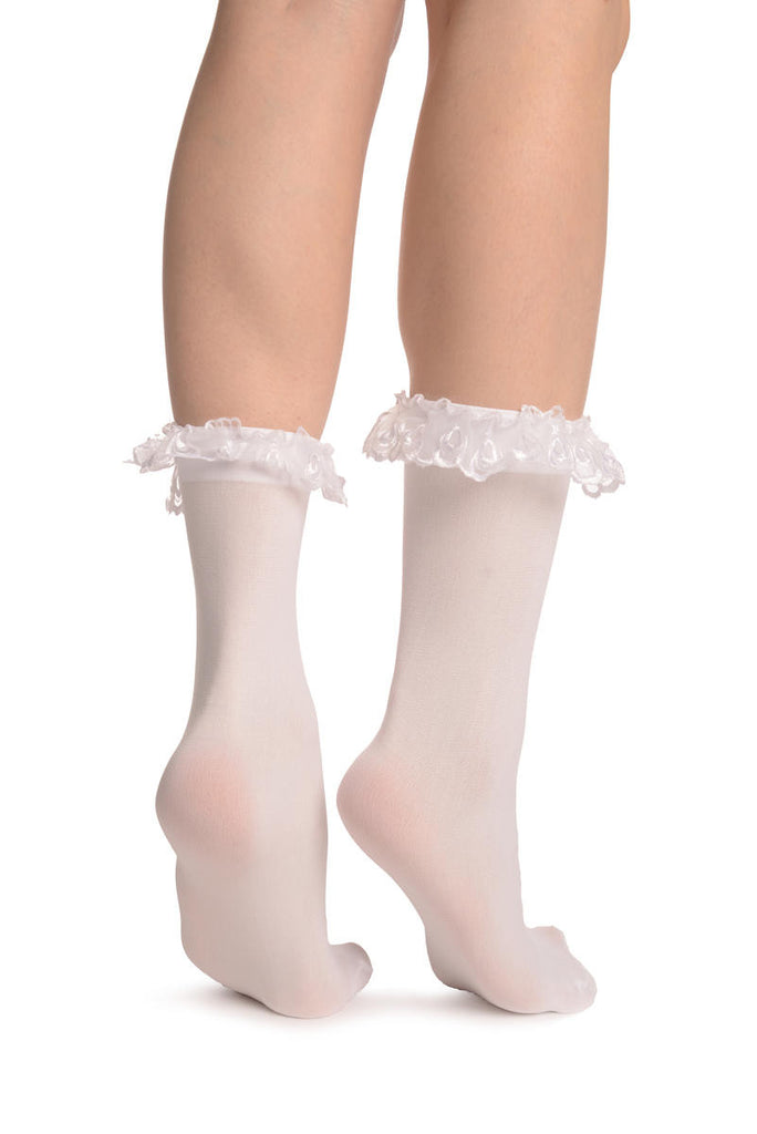 Liss Kiss White Opaque With White Lace Ankle Hight Socks 60 Den - Socks