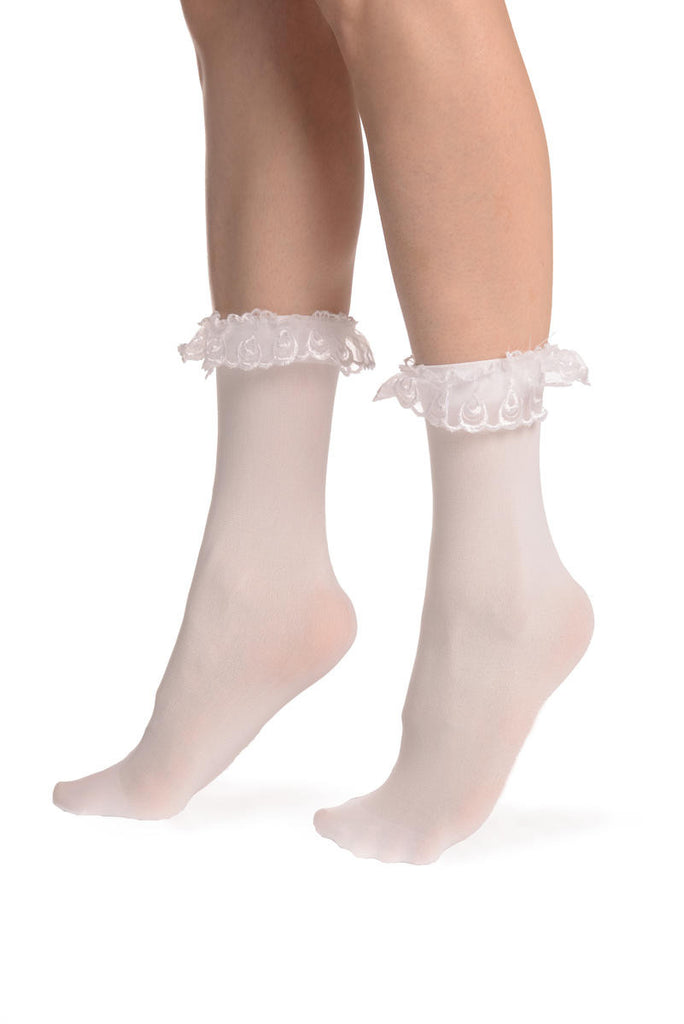 Liss Kiss White Opaque With White Lace Ankle Hight Socks 60 Den - Socks