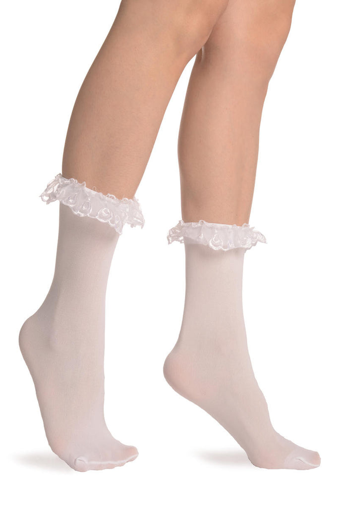 liss kiss White Opaque With White Lace Ankle Hight Socks 60 Den - Socks