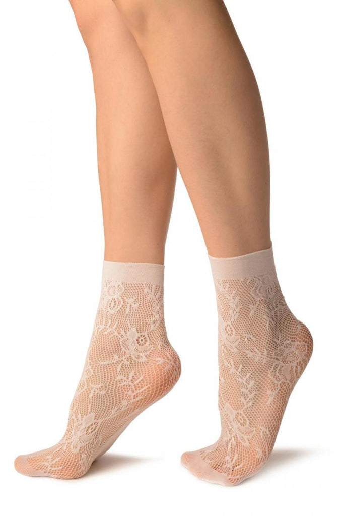 Liss Kiss White Orchids Lace Socks Ankle High - Socks
