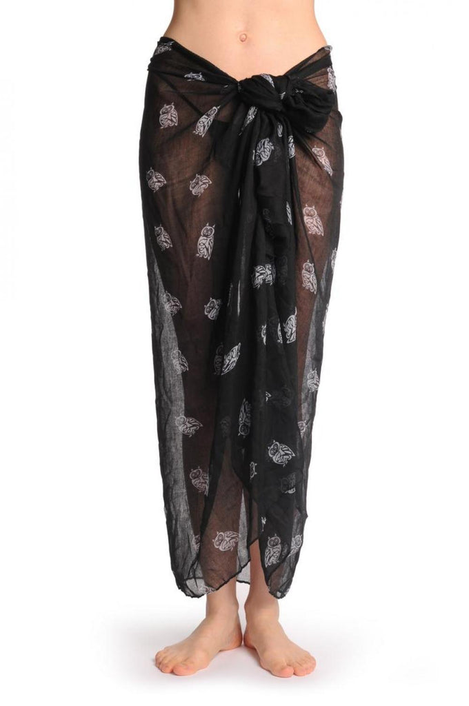 Liss Kiss White Owl On Black Unisex Scarf & Beach Sarong - Scarf