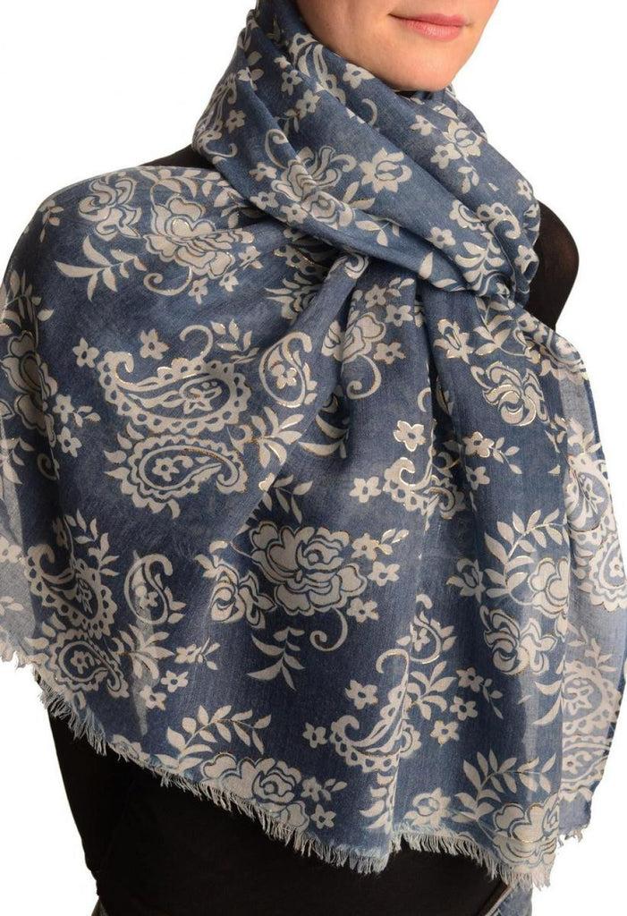 Liss Kiss White Paisley With Gold Trim On Blue Scarf - Scarf