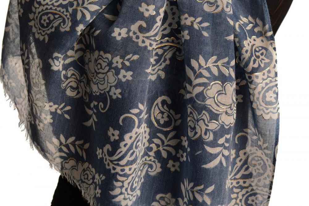 Liss Kiss White Paisley With Gold Trim On Blue Scarf - Scarf